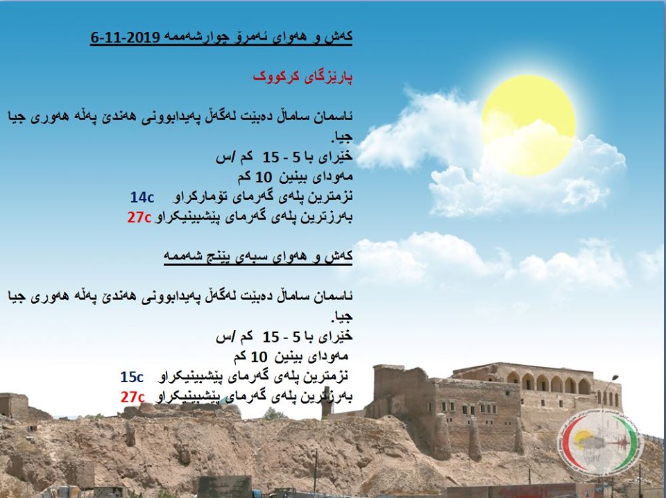پێشبینیەكانی كەشناسی بۆ كەشوھەوای ئەمڕۆ و سبەی - پارێزگای كەركووك