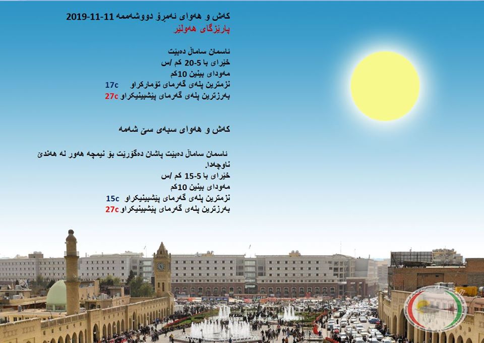 پێشبینیەكانی كەشناسی بۆ كەشوھەوای ئەمڕۆ و سبەی - پارێزگای ھەولێر