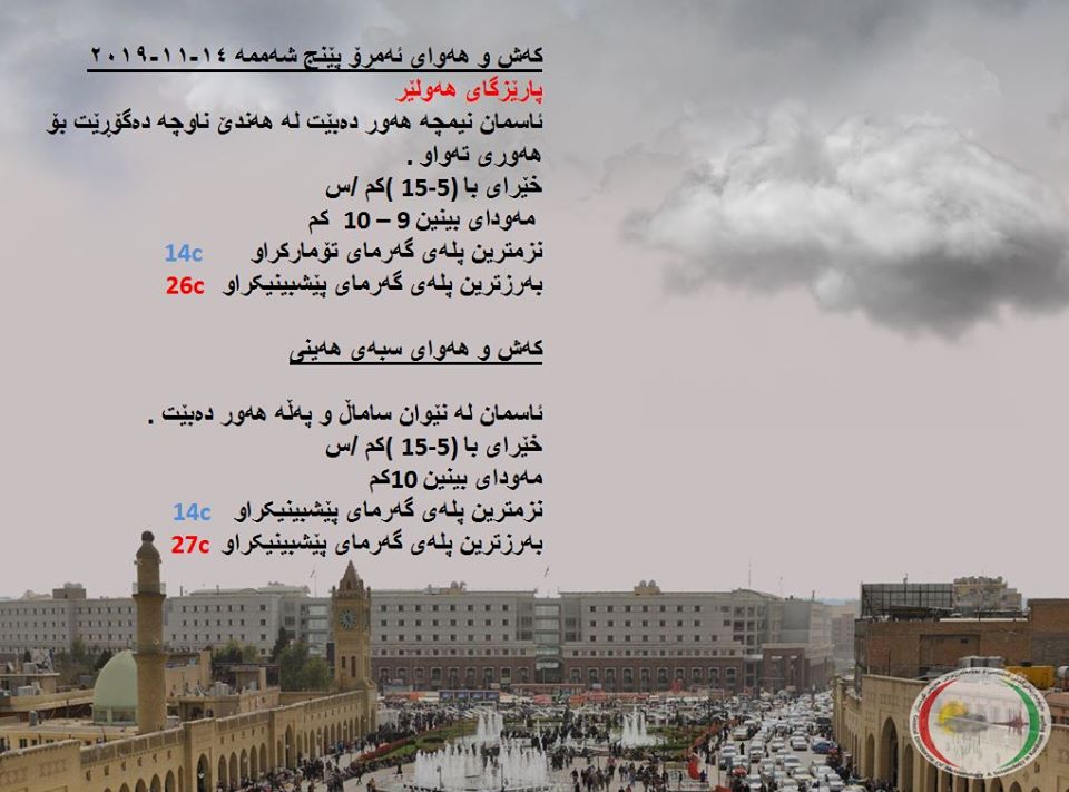 پێشبینیەكانی كەشناسی بۆ كەشوھەوای ئەمڕۆ و سبەی - پارێزگای ھەولێر