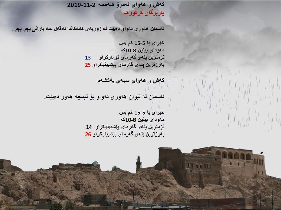 پێشبینیەكانی كەشناسی بۆ كەشوھەوای ئەمڕۆ و سبەی - پارێزگای كەركووك