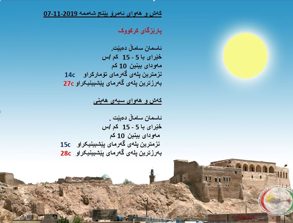 پێشبینیەكانی كەشناسی بۆ كەشوھەوای ئەمڕۆ و سبەی - پارێزگای كەركووك