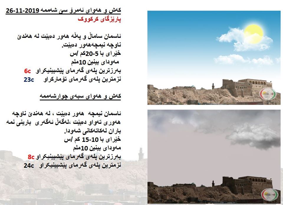 پێشبینیەكانی كەشناسی بۆ كەشوھەوای ئەمڕۆ و سبەی پارێزگای - كەركووك