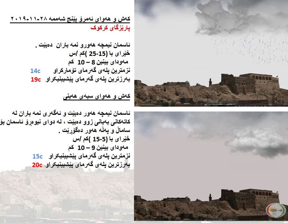 پێشبینیەكانی كەشناسی بۆ كەشوھەوای ئەمڕۆ و سبەی - پارێزگای كەركووك