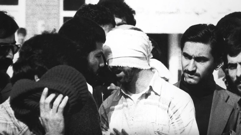 A US diplomat is blindfolded after a raid on the US embassy in Tehran, Iran, Nov. 4, 1979. (Photo: Associted Press)