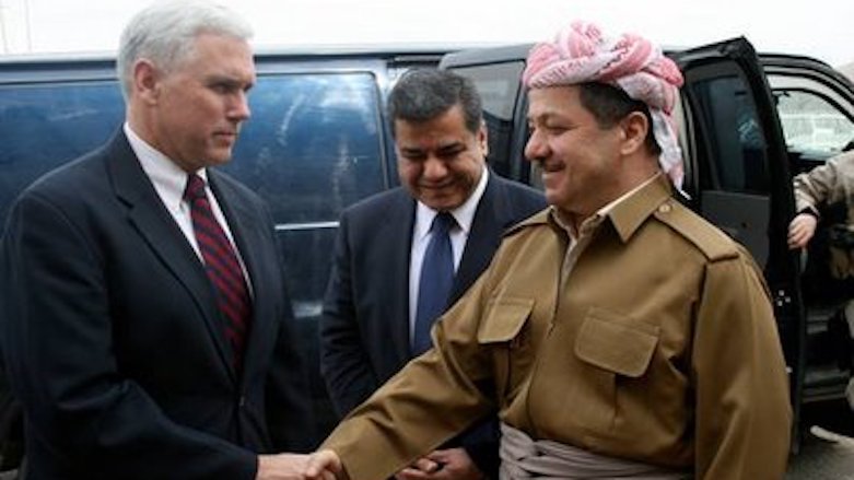 Then congressman Mike Pence (left) shakes hands with then Kurdistan Region President Masoud Barzani during a trip to Erbil in March 2008. (Photo: Archive)