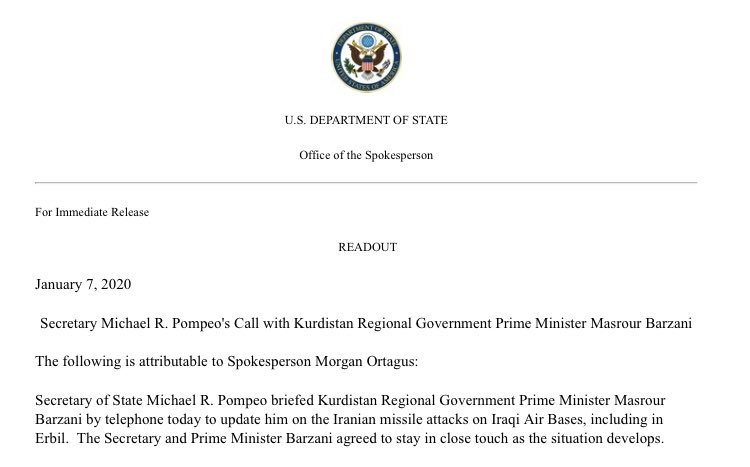 A readout from the State Department reveals the details of US Secretary of State Mike Pompeo's call with Kurdistan Region Prime Minister Masrour Barzani.