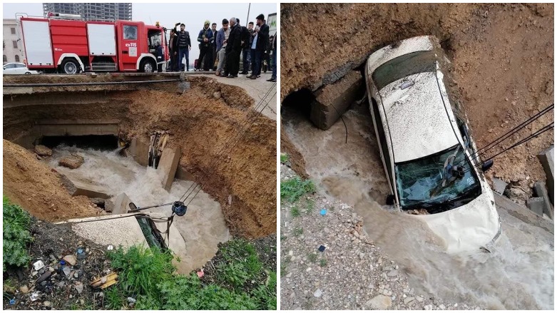 بەهۆی باران شەقامێکی سلێمانی داڕوخا