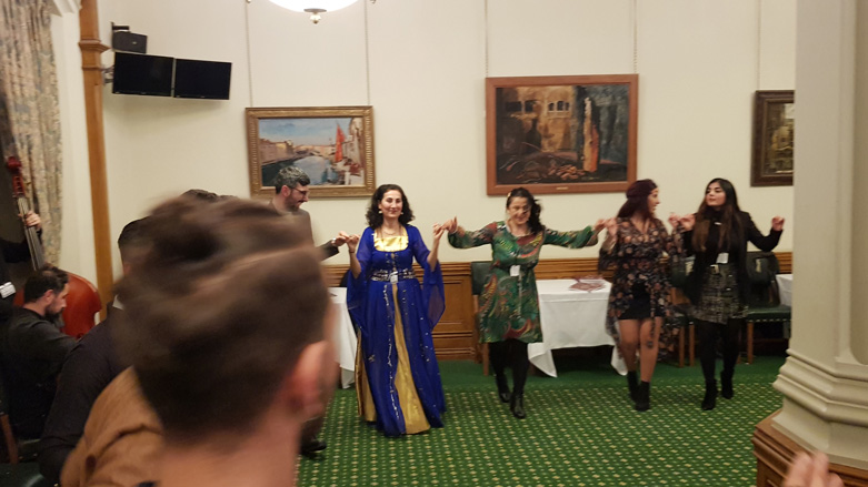Participants of the sixth annual Newroz reception in London take part in traditional Kurdish dance, March 11, 2020. (Photo: Kurdistan 24/Wladimir van Wilgenburg)