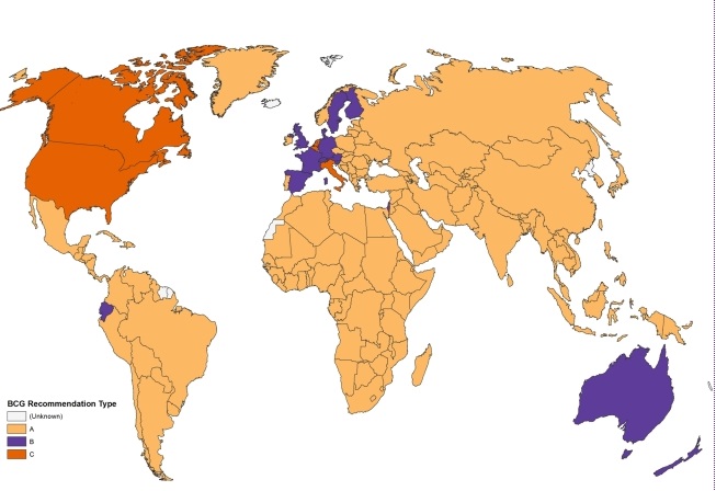 رەنگەی قاوەی کاڵ، ئەوانەن تاکو ئەمڕۆش ڤاکسینەکە بەکاردەهێنن   رەنگی قاوەیی تۆخ، ئەوانەن کە بەگوێرەی پێویستیی بەکاردێت   رەنگی مۆر: ڤاکسینەکەیان تێدا بەکارنەهاتووە  رەنگی سپی: زانیارییان لەبارەوە نییە  