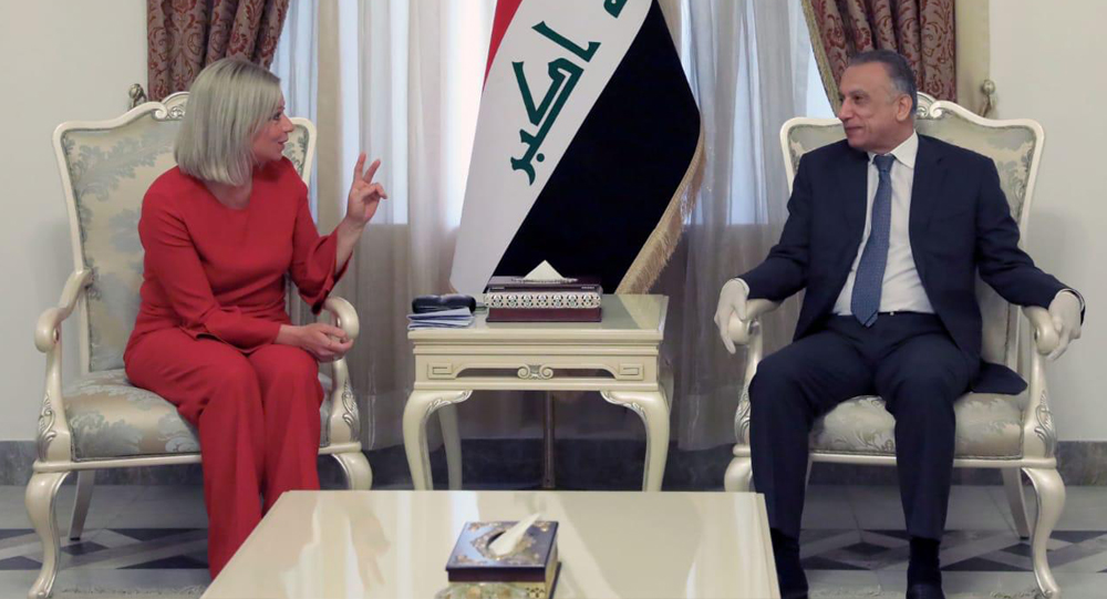 الكاظمي يجري مشاورات بمكتبه في القصر الحكومي مع الممثلة الخاصة للأمين العام للأمم المتحدة في العراق جينين هينيس بلاسخارت – صورة: المكتب الإعلامي