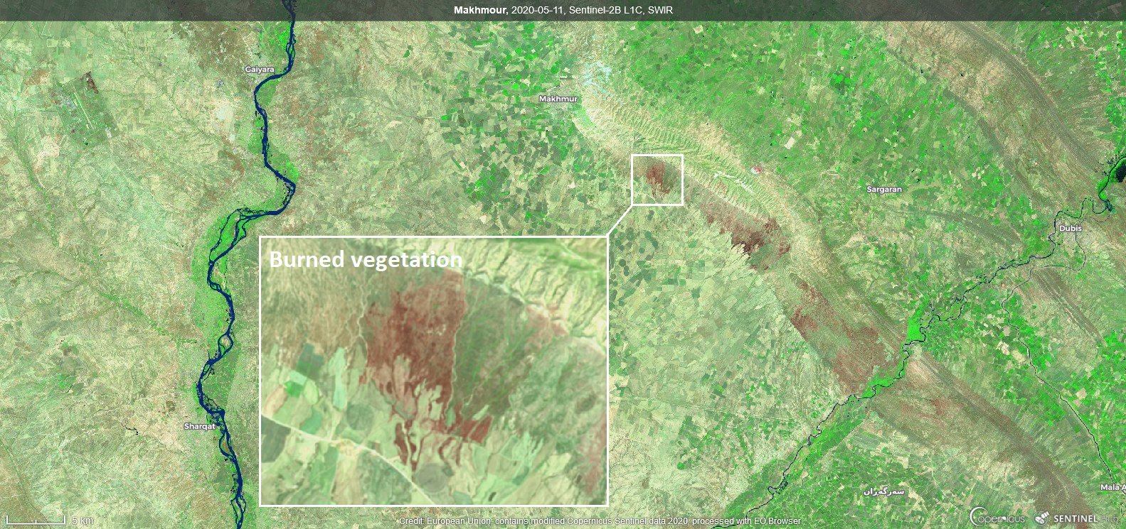Short Wave Infrared satellite images showing burned mountain slopes east of Makhmour, May 11, 2020. (Photo: Sentinel-2 via Sentinel Hub).