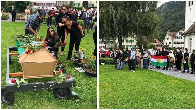 A photo of Masoud Ghaderi, a 31-year-old Iranian Kurd who committed suicide in Switzerland after his asylum request was rejected, is displayed at his funeral, Aug. 22, 2020. (Photo: Social Media)