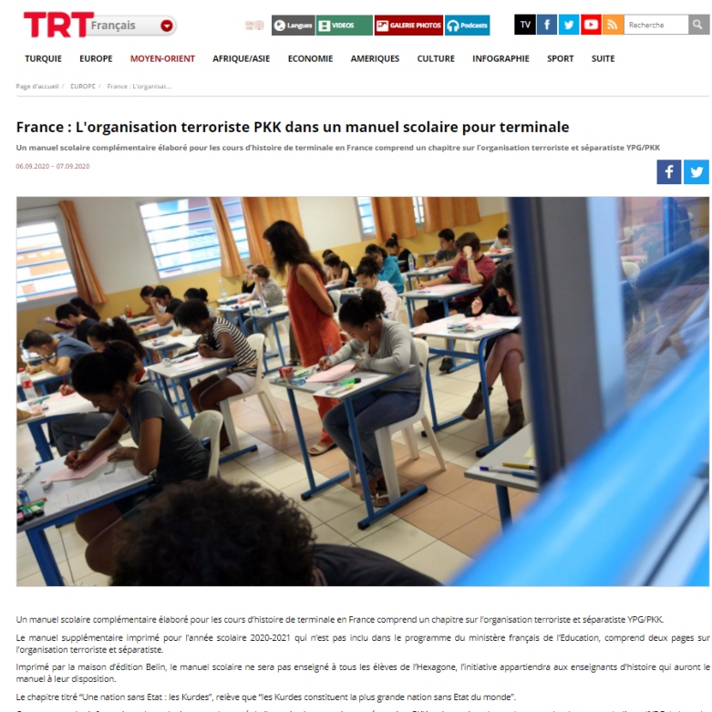 بابەتەکە لە مانشێتی وێبسایتێکی تورکی بە زمانی فەرەنسی