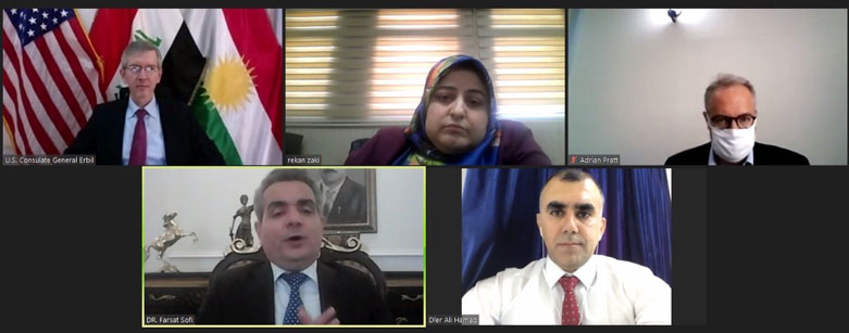 Erbil Governor Firsat Sofi (lower left) speaks in a video conference to US Consul General in Erbil Rob Waller (upper left), Sept. 9, 2020. (Photo: US Consulate General Erbil) 