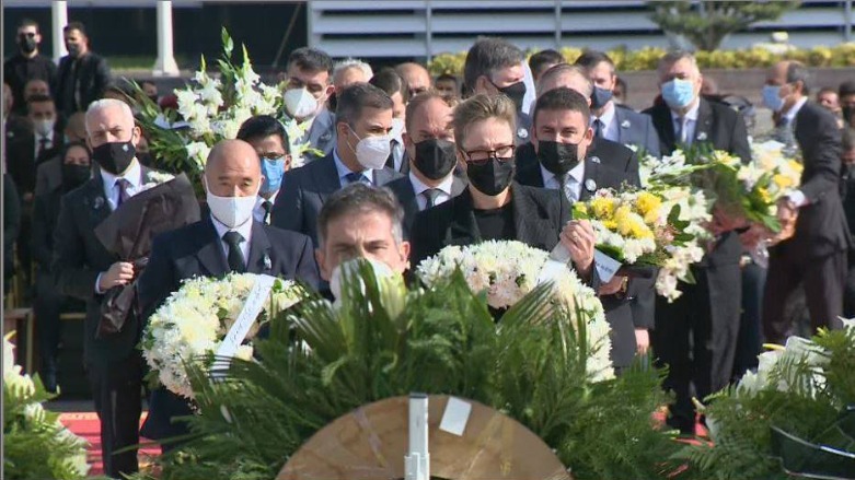 Consul Generals, diplomates, and international representations in the Kurdistan Region presented the deceased governor with a crown of flowers during the ceremony at Erbil International Airport, Nov. 19, 2020. (Photo: Kurdistan 24) 