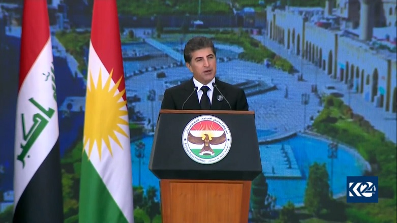 Kurdistan Region President Nechirvan Barzani delivers a speech at the late Firsat Sofi’s funeral ceremony, Erbil, Nov. 19, 2020. (Photo: Kurdistan 24)