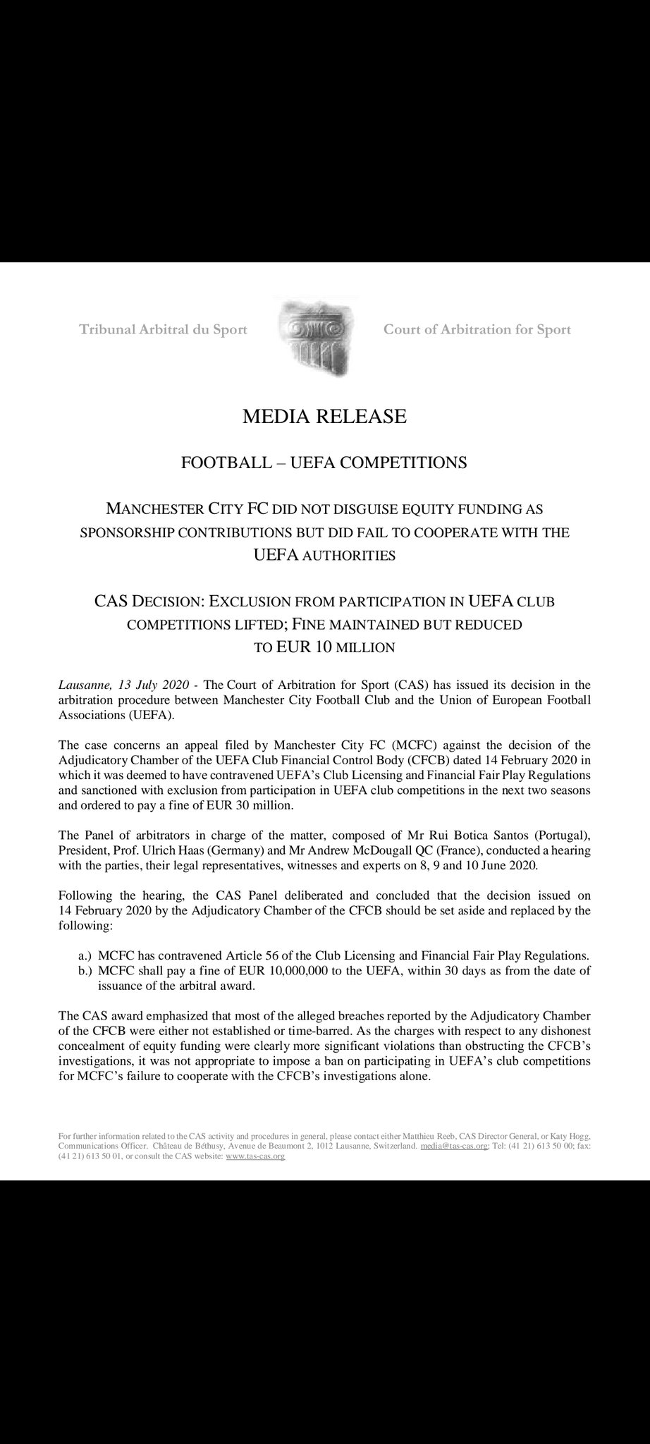 بەیاننامەی دادگای وەرزشی جیهان CAS