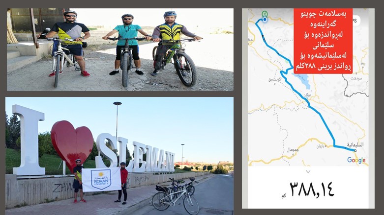 بە وێنە.. سێ گەنج بە بایسکل لە رواندزەوە دەچنە سلێمانی و 388 کیلۆمەتر دەبڕن