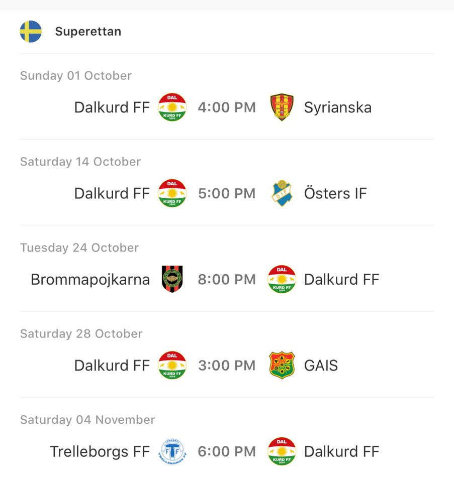 خشتەی یارییەکانی داهاتووی یانەی داڵکورد