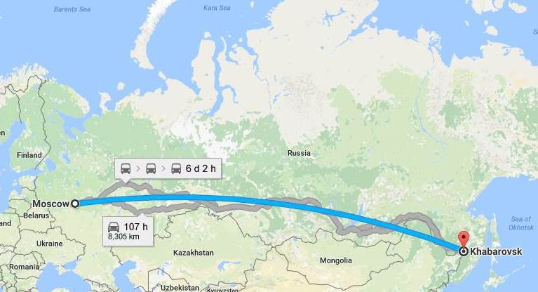 دووری نێوان خابارۆڤسک و مۆسکۆ لەسەر نەخشەی گووگل