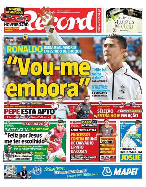 رووپەڕی ئەمڕۆی رۆژنامەی ریکۆردی پۆرتوگاڵی