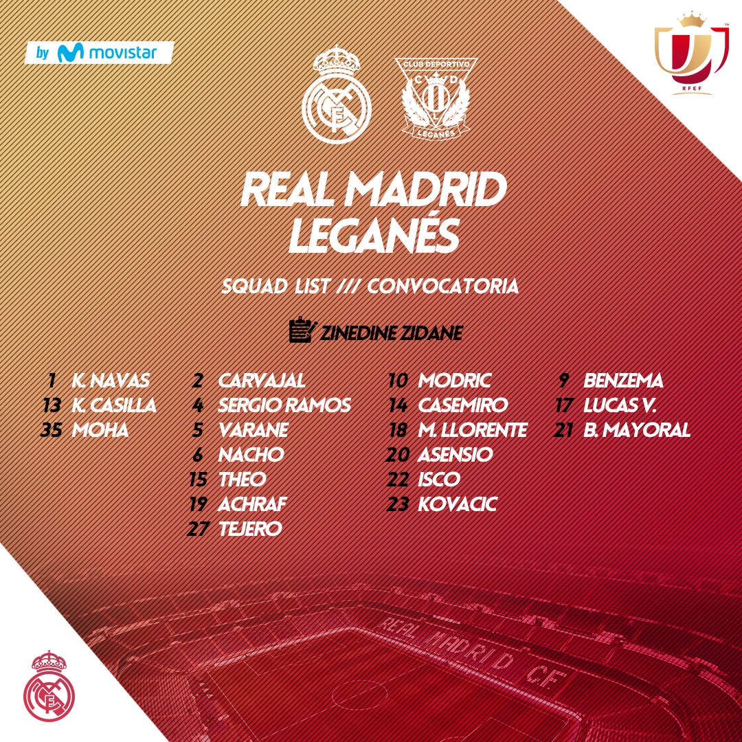 لیستی یاریزانە بانگهێشتکراوەکانی ریال مەدرید بۆ یاریی بەرامبەر لیگانێس