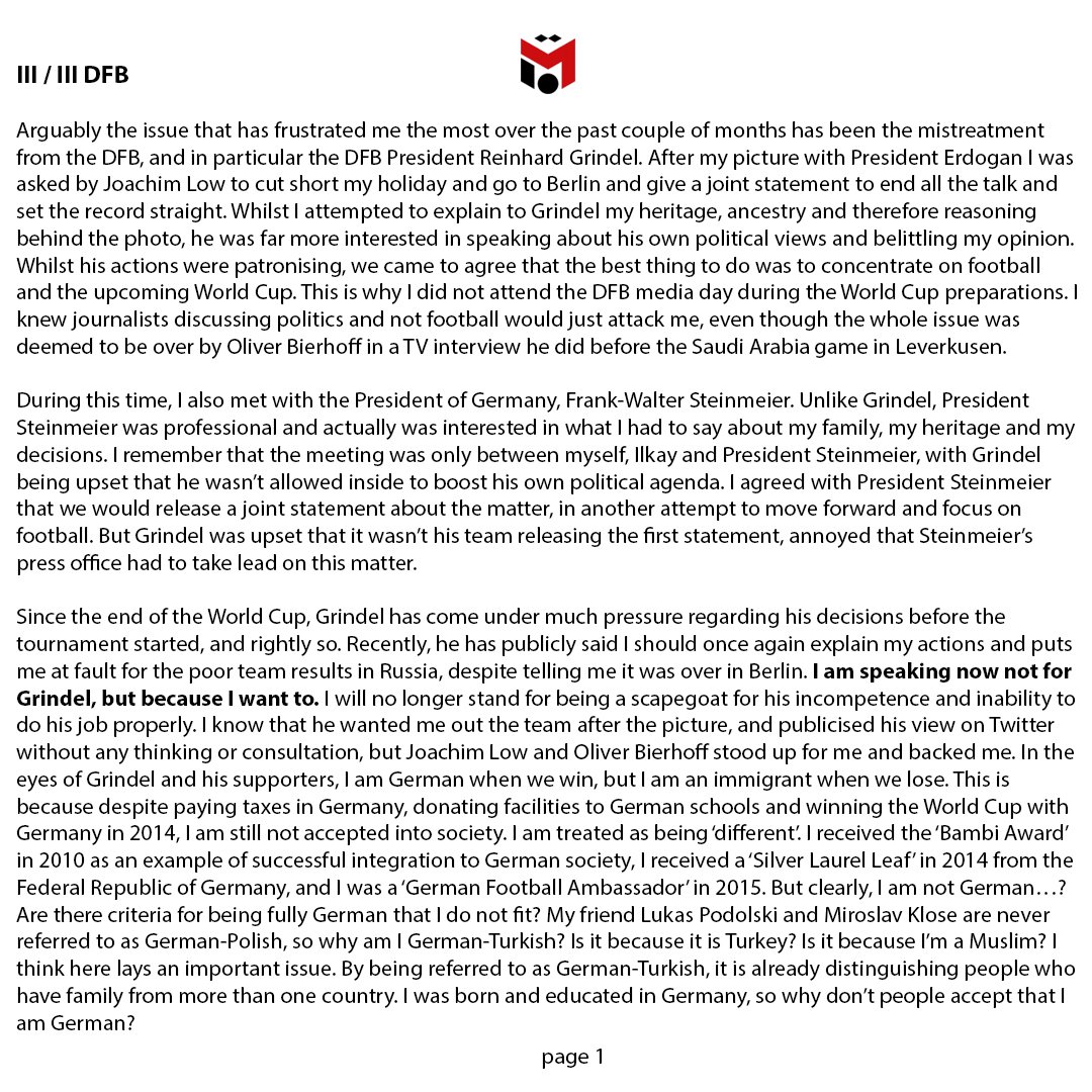 بەیاننامەکەی مەسعوود ئۆزیل لەبارەی وازهێنانی لە یاریی نێودەوڵەتی