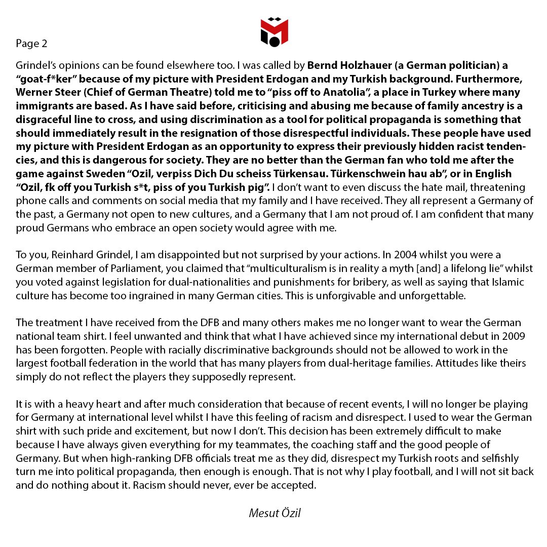 بەیاننامەکەی مەسعوود ئۆزیل لەبارەی وازهێنانی لە یاریی نێودەوڵەتی