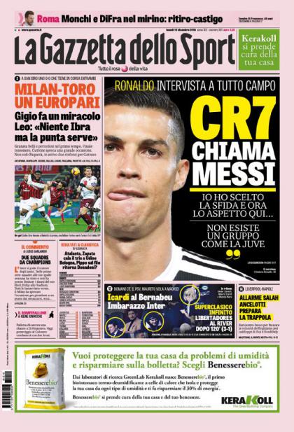 رووپەڕی ئەمڕۆی رۆژنامەی لاگازێتا دیللۆ سپۆرتی ئیتاڵی