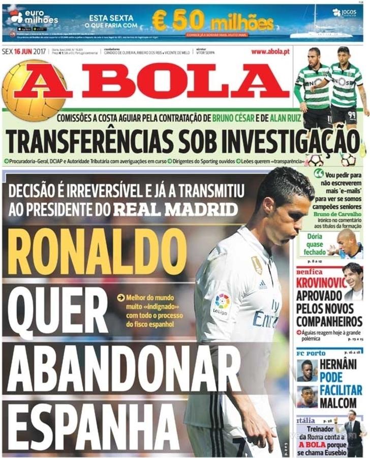 مانشێتی رۆژی هەینی رۆژنامەی ئابۆلای پۆرتوگاڵی، کە بۆیەکەمجار بڕیاری رۆیشتنی رۆناڵدۆی لە ریال مەدرید بڵاوکردەوە