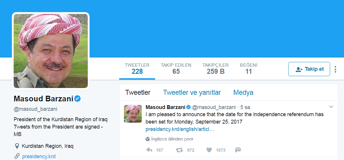 Kürdistan Başkanı Barzani'nin Twitter hesabından yayınladığı mesajı