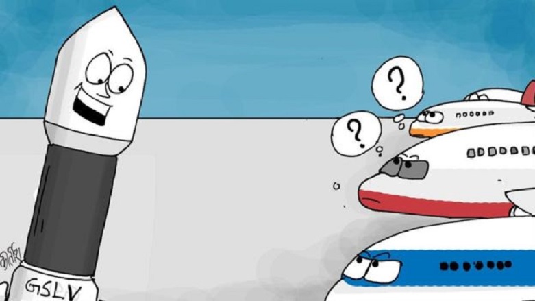 GSLV Mark II'nin ağırlığı karikatürlerde canlandırıldı.