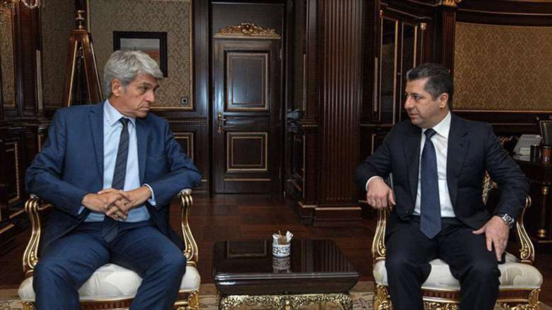  French Ambassador to Iraq Bruno Aubert (left) is received by Masrour Barzani, Prime Minister of the Kurdistan Region (right), Oct. 7, 2019. (Photo: KRG)