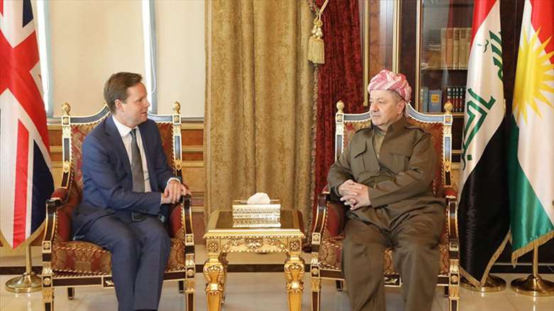 Stephen Hickey (left), Britian's new ambassador to Iraq, with KDP head Masoud Barzani, Dec. 17, 2019. (Photo: KDP) 