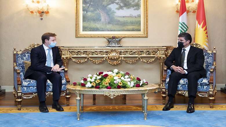 Kurdistan Region President Nechirvan Barzani (right) receives, Stephen Hickey, British Ambassador to Iraq, in Erbil, Oct. 14, 2020. (Photo: Kurdistan Region Presidency)